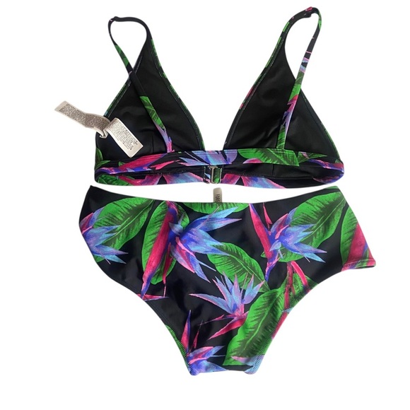 Forever 21 Size Large Swim Suit Bikini Set Black Tropical Print Vibrant Colorful - Picture 2 of 9